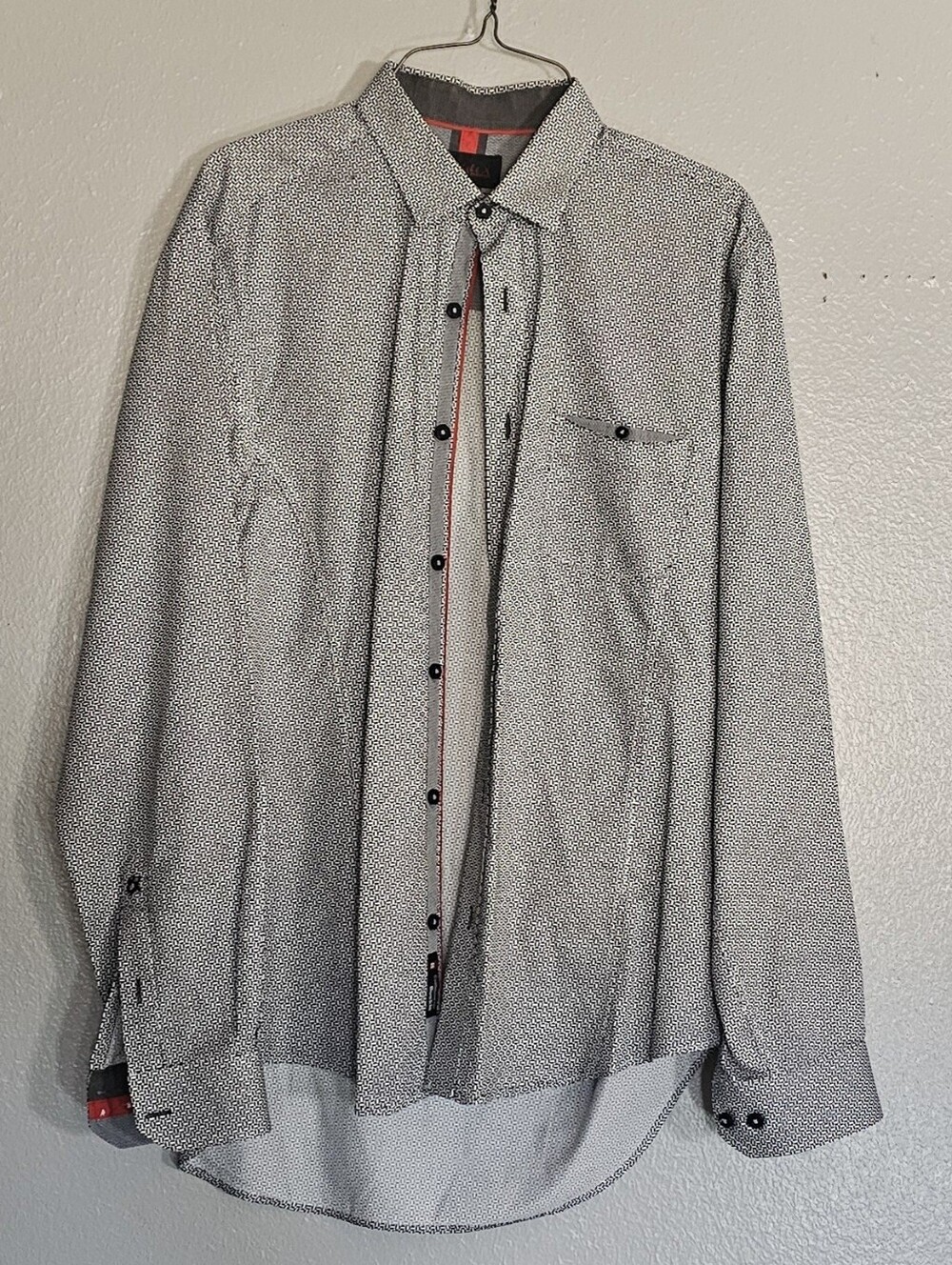 Buckle Black & White Geometric Print Shirt with Red Trim